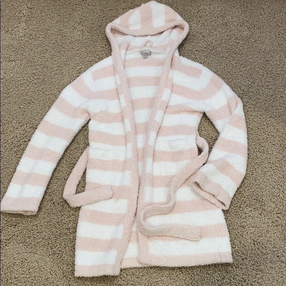 Barefoot Dreams pink and white striped fuzzy robe